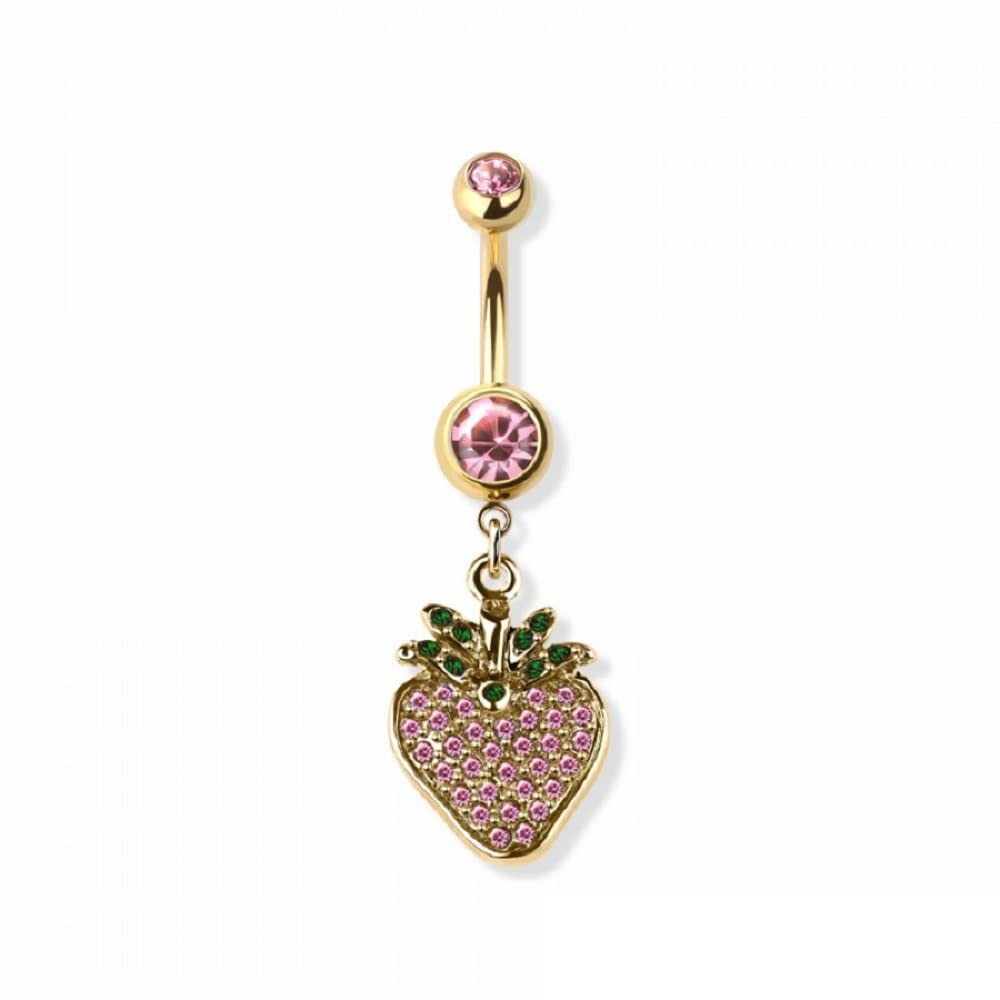 Pierced Owl 14GA 316L Stainless Steel Pink CZ Crystal Strawberry Dangling Belly Button Ring (Gold Tone)