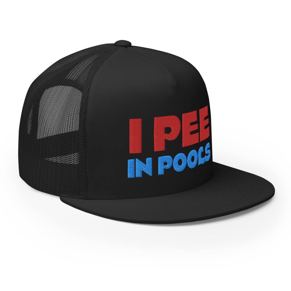 RIVEMUG I Pee in Pools Embroidered Premium Trucker Hat | Funny Gag Gift Joke | Flat Bill High Crown Cap | Funny Snap Back Hat