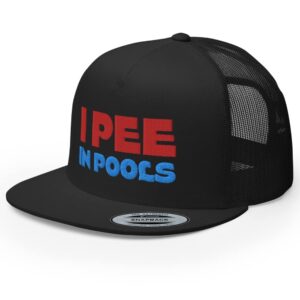 RIVEMUG I Pee in Pools Embroidered Premium Trucker Hat | Funny Gag Gift Joke | Flat Bill High Crown Cap | Funny Snap Back Hat