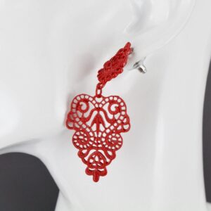 Red Earrings Dangle Post Hinged Door Knocker 2.5" Long Cut Out Lace Adorable Statement Jewelry Earrings for Women