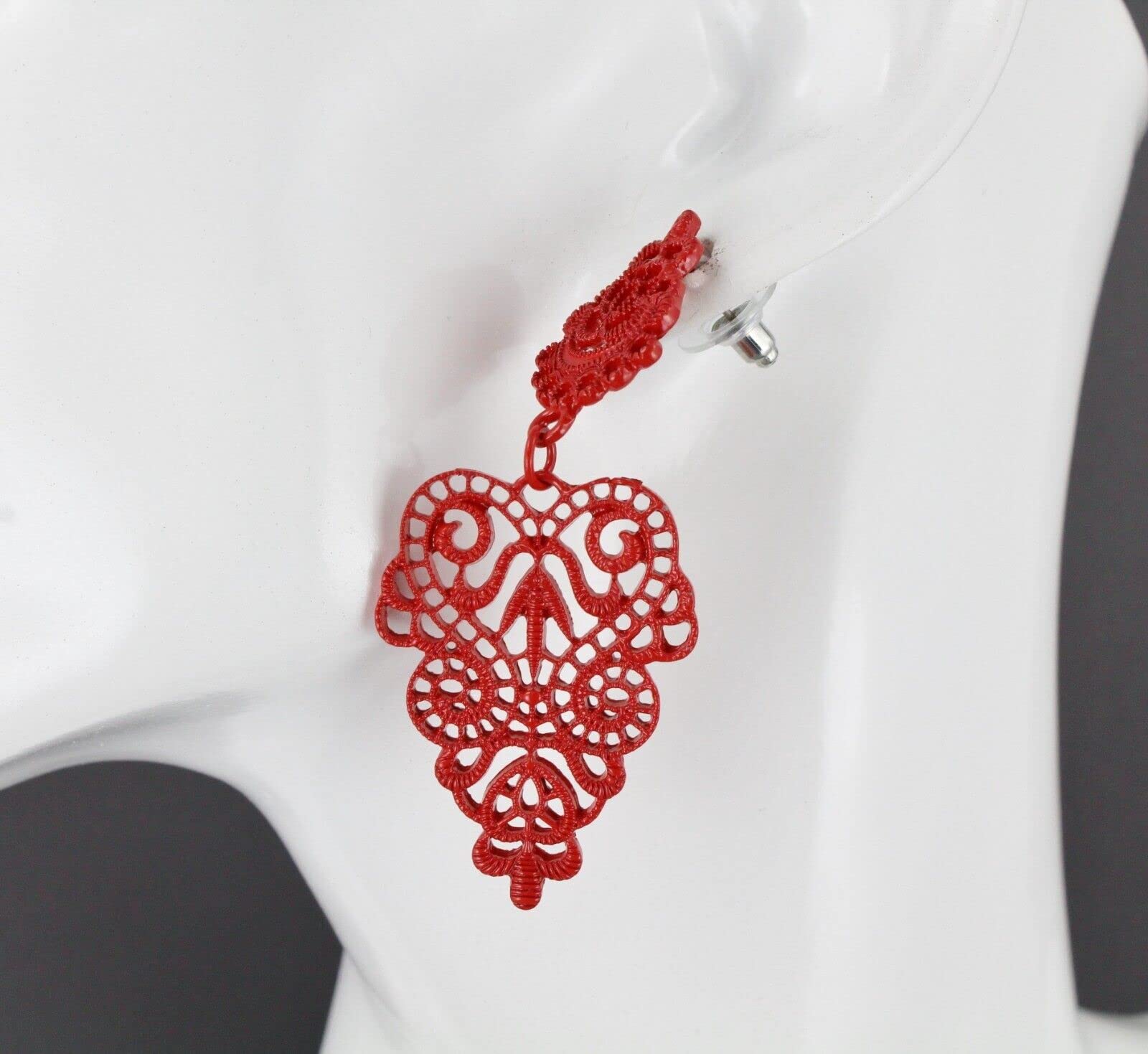 Red Earrings Dangle Post Hinged Door Knocker 2.5" Long Cut Out Lace Adorable Statement Jewelry Earrings for Women