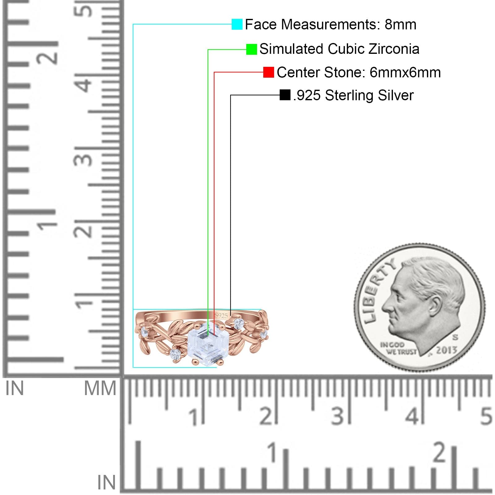 OMRANII Rose Tone, Simulated Cubic Zirconia Size-7 Hexagon vintage style Wedding Engagement Ring Round CZ 925 Sterling Silver
