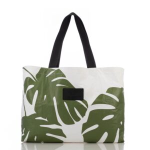 aloha collection splash-proof reversible monstera holo holo tote in seaweed