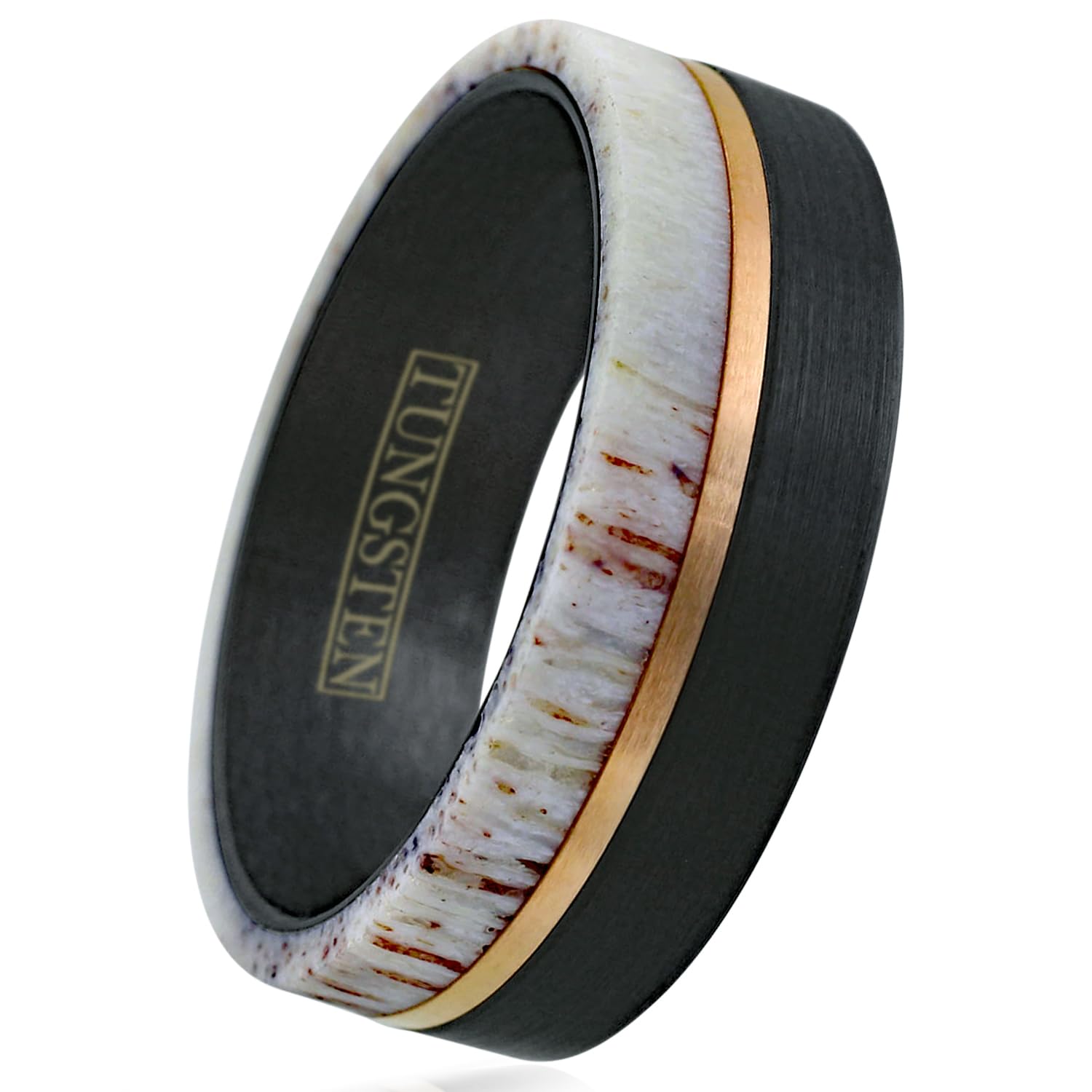 Personalized Engraved 6mm/8mm Brushed Finish Black Tungsten Carbide Flat Band Ring with Rose Gold Stripe and Raw Speckled White Deer Antler Inlay. (Tungsten (6mm), 10)