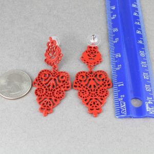 Red Earrings Dangle Post Hinged Door Knocker 2.5" Long Cut Out Lace Adorable Statement Jewelry Earrings for Women