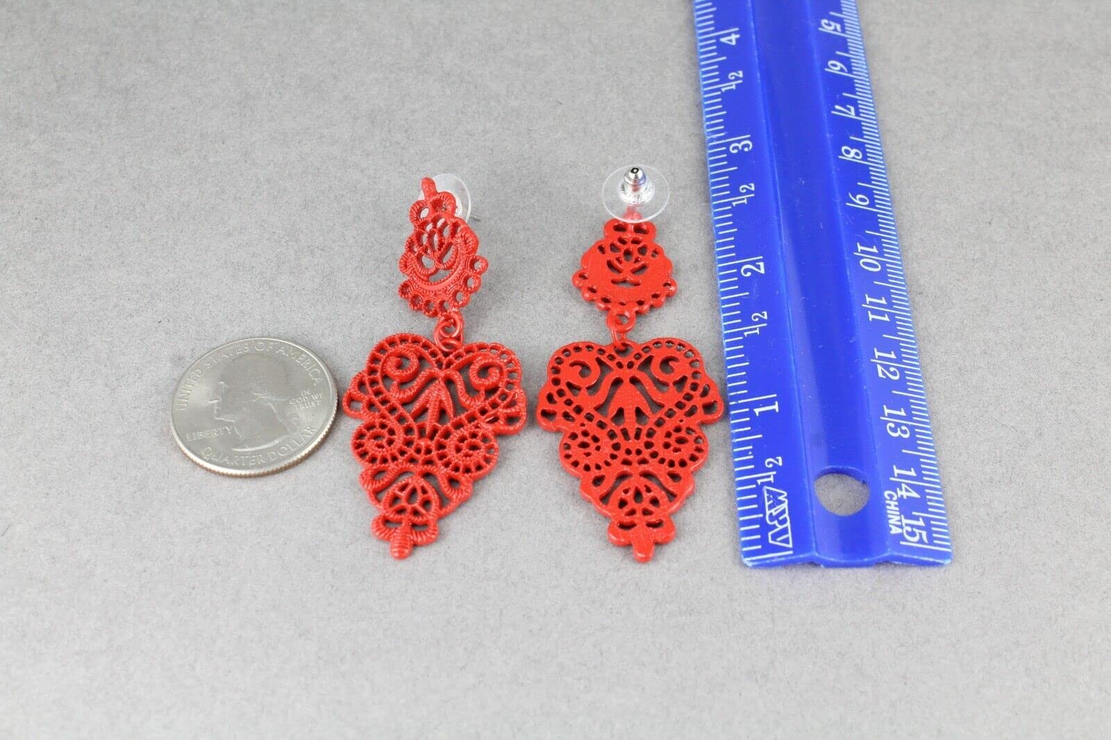 Red Earrings Dangle Post Hinged Door Knocker 2.5" Long Cut Out Lace Adorable Statement Jewelry Earrings for Women