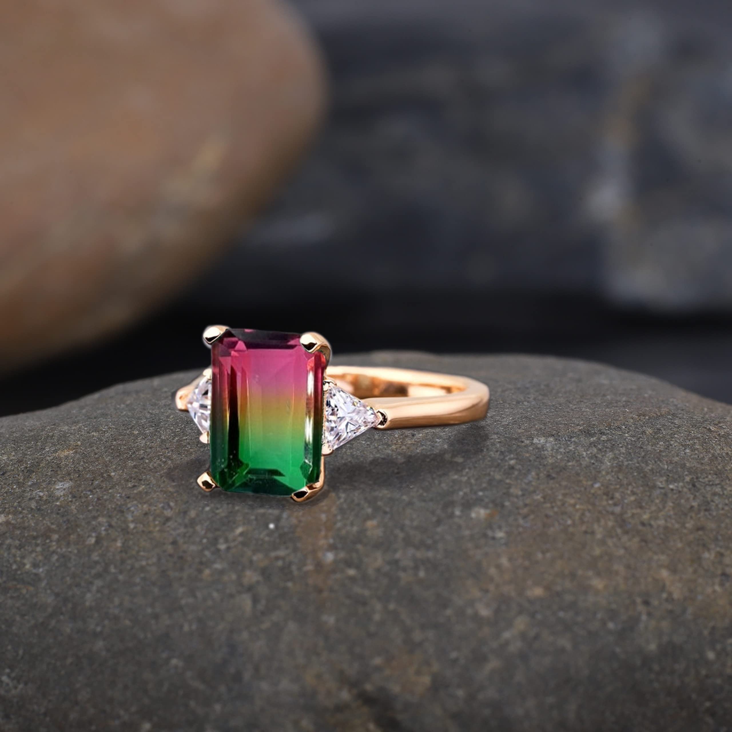 emerald cut watermelon tourmaline engagement ring women's wedding ring art deco bridesmaid jewelry gift for wife delicate bridal ring by kanishka gems jewels