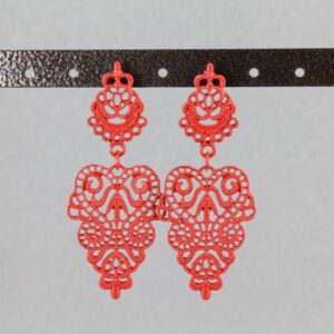 Red Earrings Dangle Post Hinged Door Knocker 2.5" Long Cut Out Lace Adorable Statement Jewelry Earrings for Women