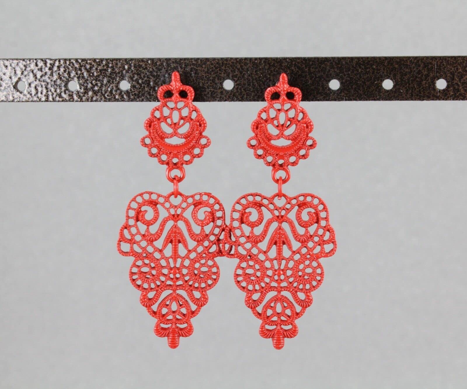 Red Earrings Dangle Post Hinged Door Knocker 2.5" Long Cut Out Lace Adorable Statement Jewelry Earrings for Women