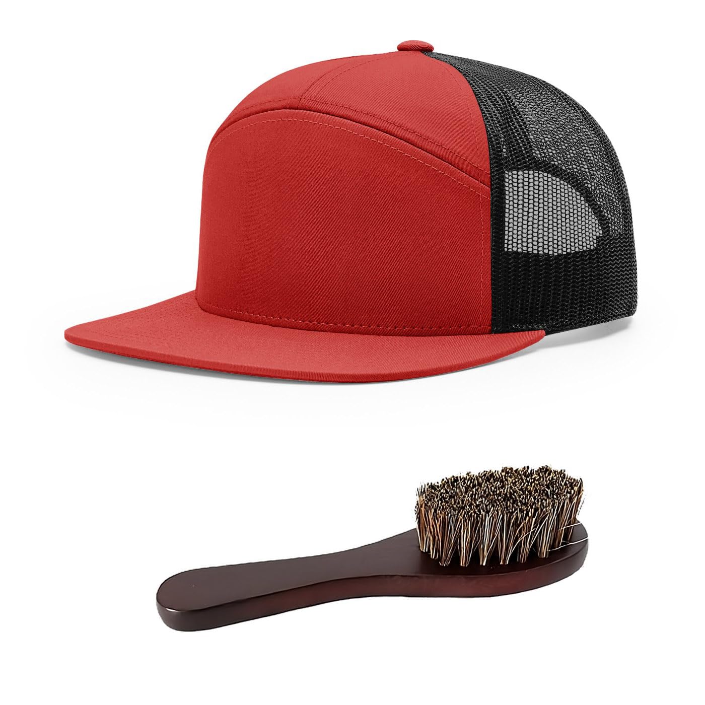 Richardson 168 Hi-Pro Trucker Snapback Cap Bundle with THP Hat & Clothing Brush (Red/Black)