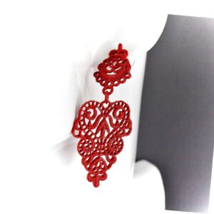 Red Earrings Dangle Post Hinged Door Knocker 2.5" Long Cut Out Lace Adorable Statement Jewelry Earrings for Women