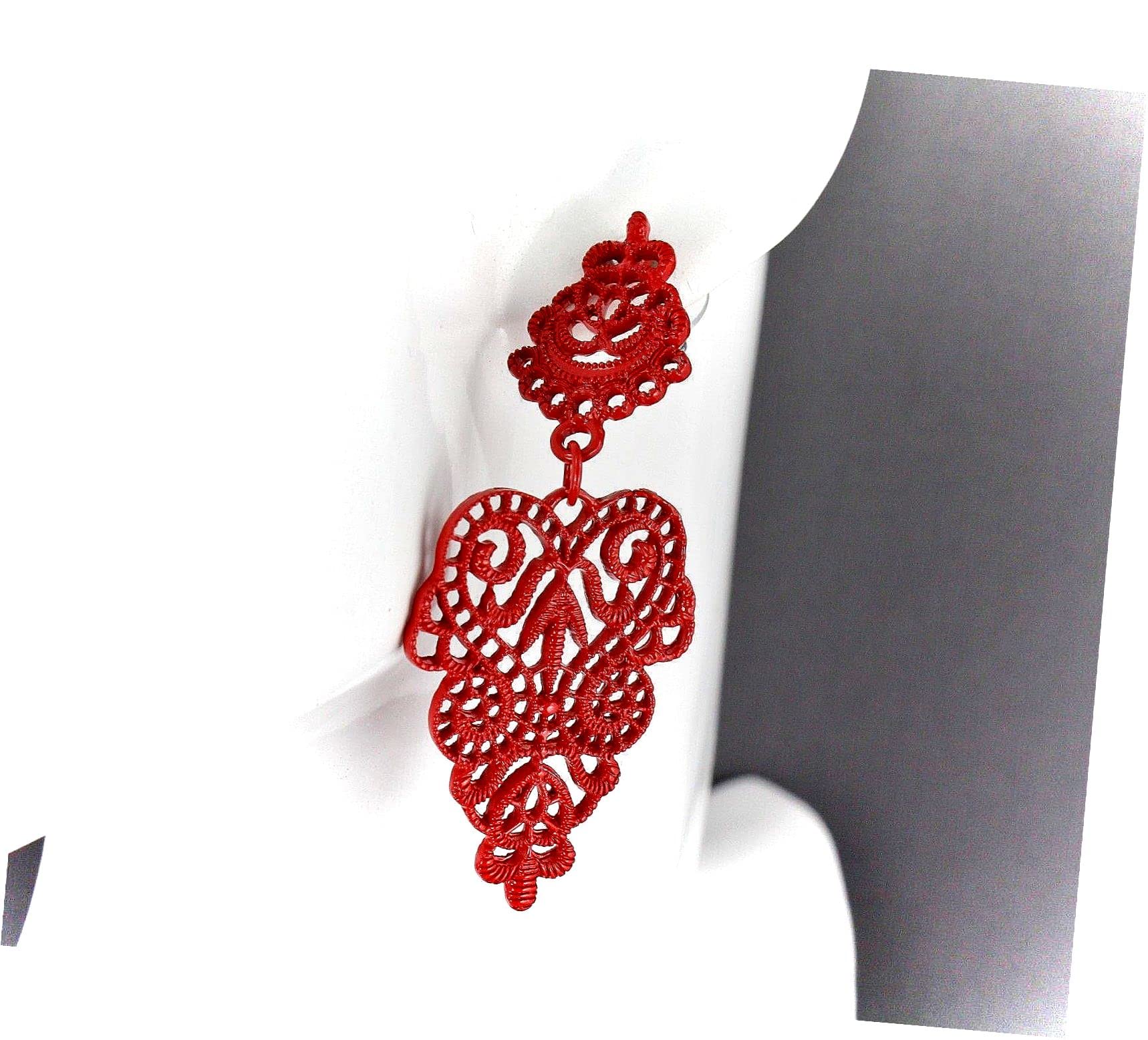 Red Earrings Dangle Post Hinged Door Knocker 2.5" Long Cut Out Lace Adorable Statement Jewelry Earrings for Women