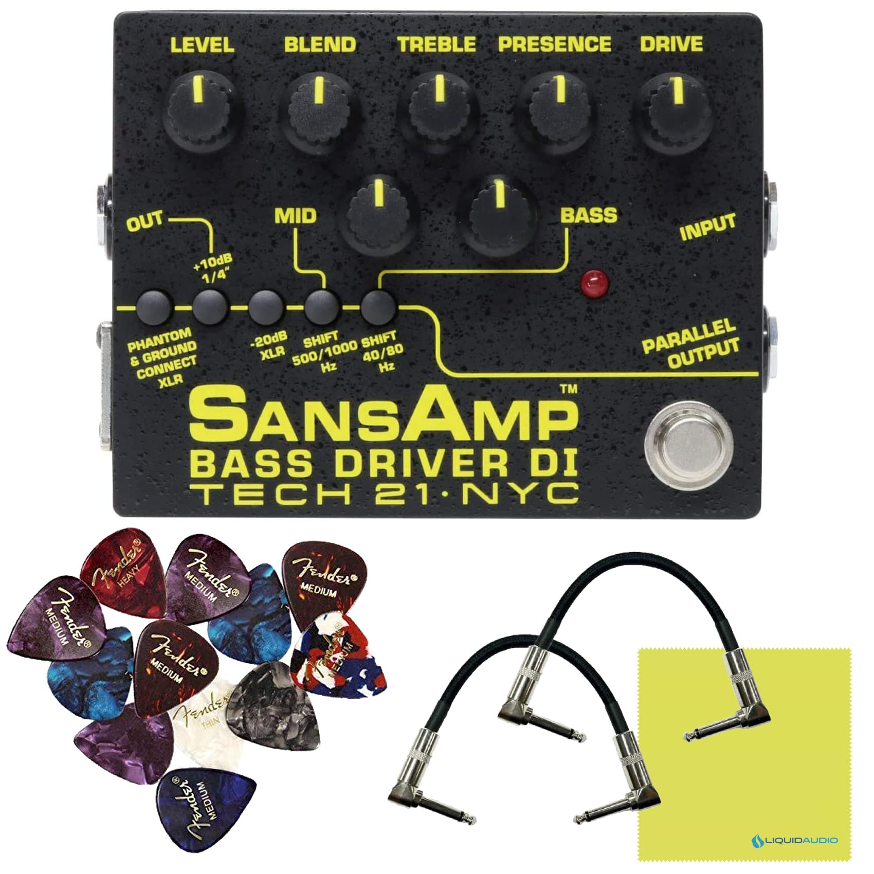 Tech 21 SansAmp Bass Driver DI V2 Pedal Bundle w/Guitar Patch Cables 1/4, 12x Fender Picks & Liquid Audio Polishing Cloth- Bass DI Box, XLR Output Guitar Effects, Bass Guitar Kit, Bass Driver Pedal