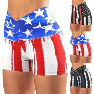 HGps8w 4th of July Womens Cross Waist Workout Yoga Shorts American Flag Soft Stretch Patriotic Shorts Sports Running Leggings