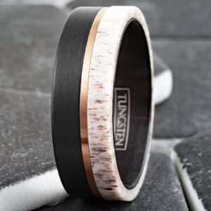 Personalized Engraved 6mm/8mm Brushed Finish Black Tungsten Carbide Flat Band Ring with Rose Gold Stripe and Raw Speckled White Deer Antler Inlay. (Tungsten (6mm), 10)