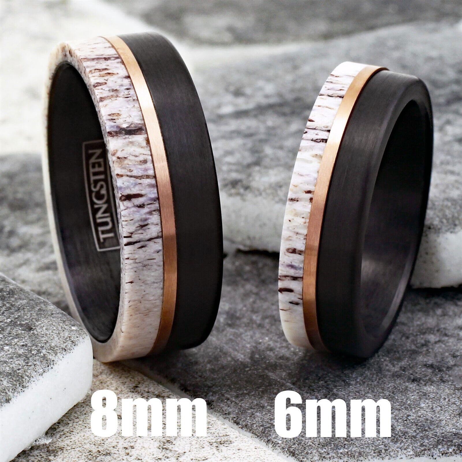 Personalized Engraved 6mm/8mm Brushed Finish Black Tungsten Carbide Flat Band Ring with Rose Gold Stripe and Raw Speckled White Deer Antler Inlay. (Tungsten (6mm), 10)