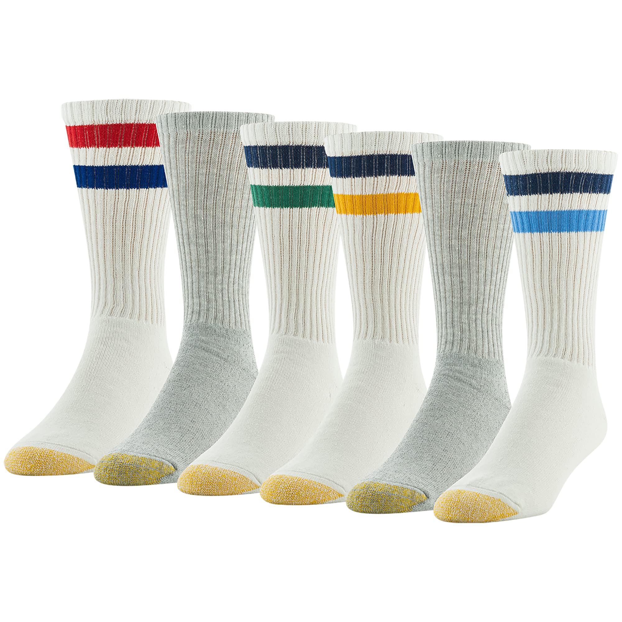 GOLDTOE Men's 656S Cotton Crew Athletic Socks, Multipairs, Stripe White/Light Blue Assorted (6-Pairs), Large