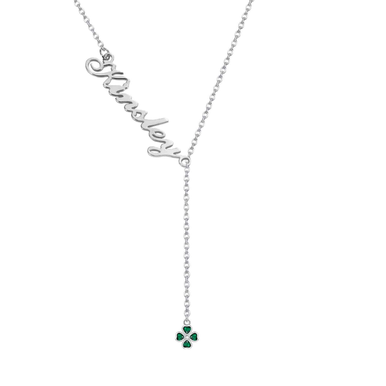 YAFEINI Four Clover Personalized Name Necklace 925 Sterling Sliver Clover Adjustable Lariat Y Necklace Four Leaf Clover St.Patrick's Day Irish Shamrock Jewelry Gifts for Women