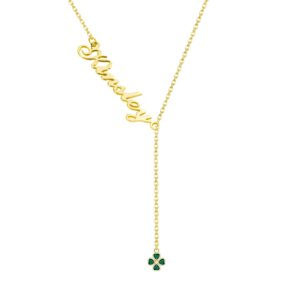 YAFEINI Four Clover Personalized Name Necklace 925 Sterling Sliver Clover Adjustable Lariat Y Necklace Four Leaf Clover St.Patrick's Day Irish Shamrock Jewelry Gifts for Women