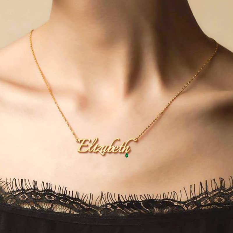 MOLICACI 10K Gold Name Necklace Personalized for Women, 10K/14K/18K Solid Gold Birthstone Name Cable Necklace Custom Any Name, for Women Mom