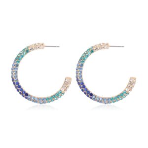 Sparkly Cubic Jewel Geometric Statement Hoop Earrings - Bling Crystal Rhinestone Glitter Hexagon Round Hoops, Vertical Bar (Pave Glitter C Hoops 1.5" - Blue)