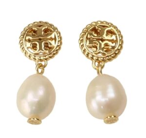 tory burch 136616 tory gold tone pearl drop rope logo women's drop dangle earrings