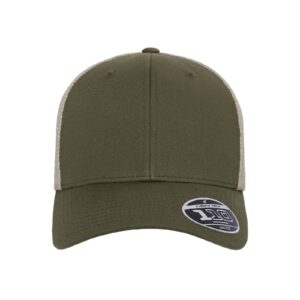 Flexfit 110M Men's Mesh Trucker Adjustable Flexfit Tech Cap Bundle with THP Hat & Clothing Brush (Olive/Khaki)