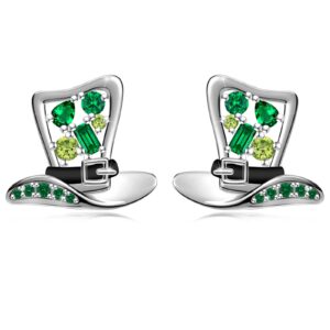 Hat Earrings for Women 925 Sterling Silver St Patrick Day Green Hat Stud Earrings with Cubic Zirconia Good Luck Symbol Jewelry for Mother's Day