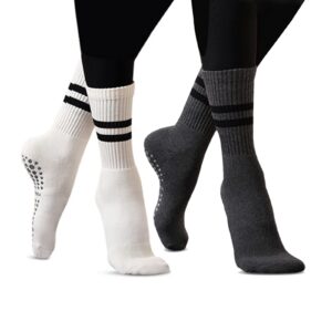 jczanxi yoga socks with grips for women, non slip grip socks for yoga, pilates, barre, dance | ideal cushioned crew socks (stripe grey/white-2p)