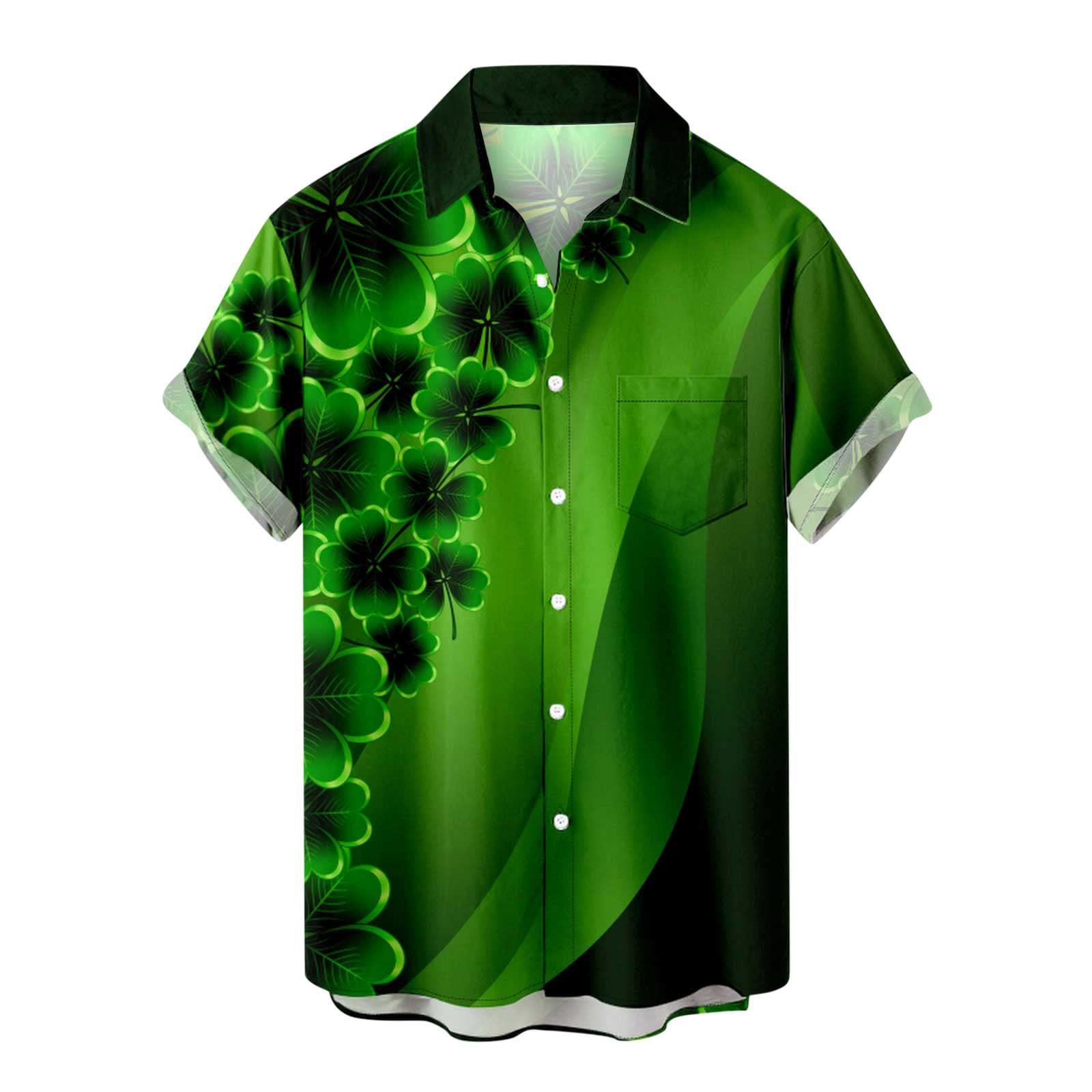 Men's St. Patrick's Day Shirt Funny Irish Shamrock Short Sleeve Hawaiian Casual Button Down Shirts Green Clover Tops