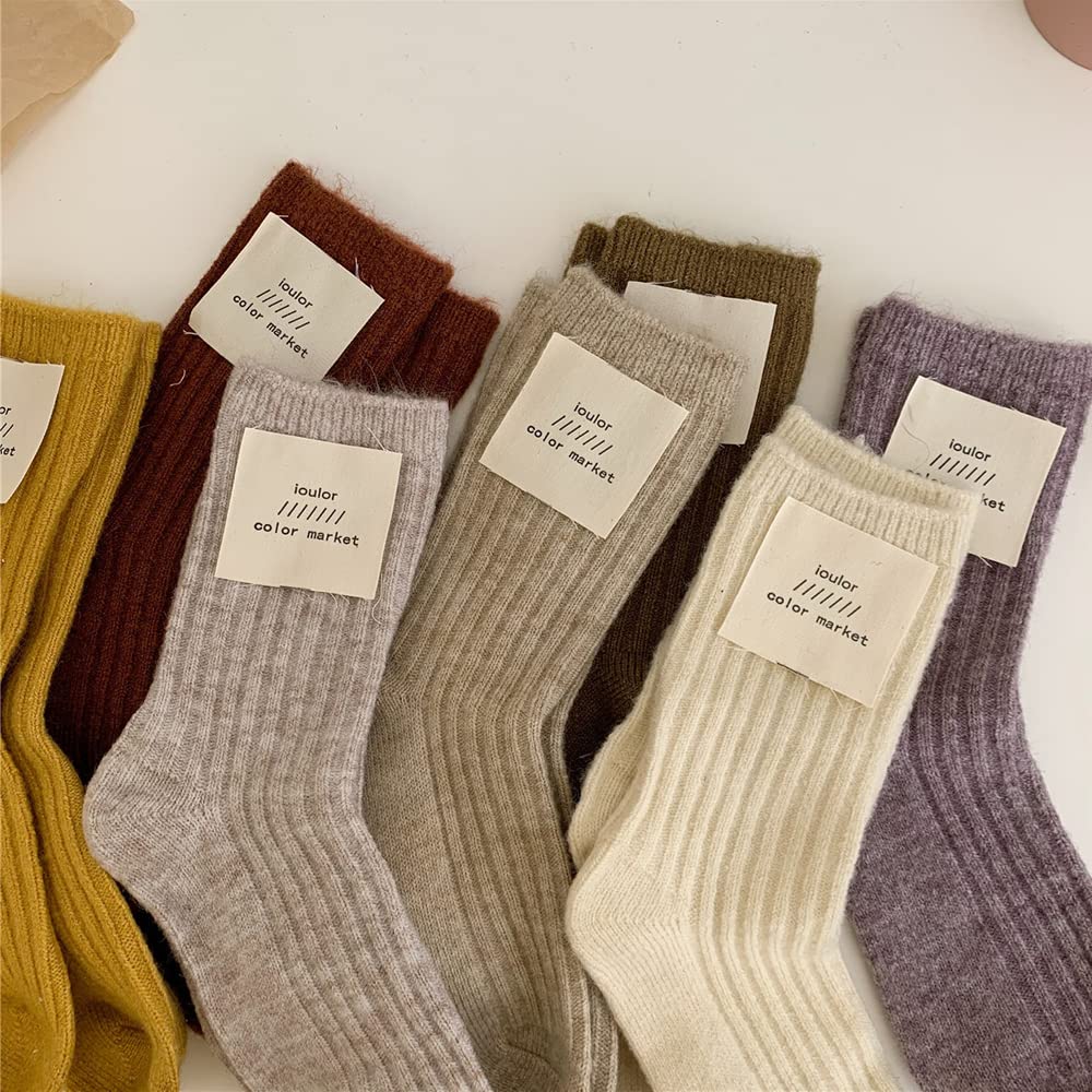 6 Pairs Women Natural Tones Color Crew Socks Girls Wool Socks Aesthetic Socks Knit Boot Socks Warm Novelty Casual Dress Socks (6 Pack Beige Tones)