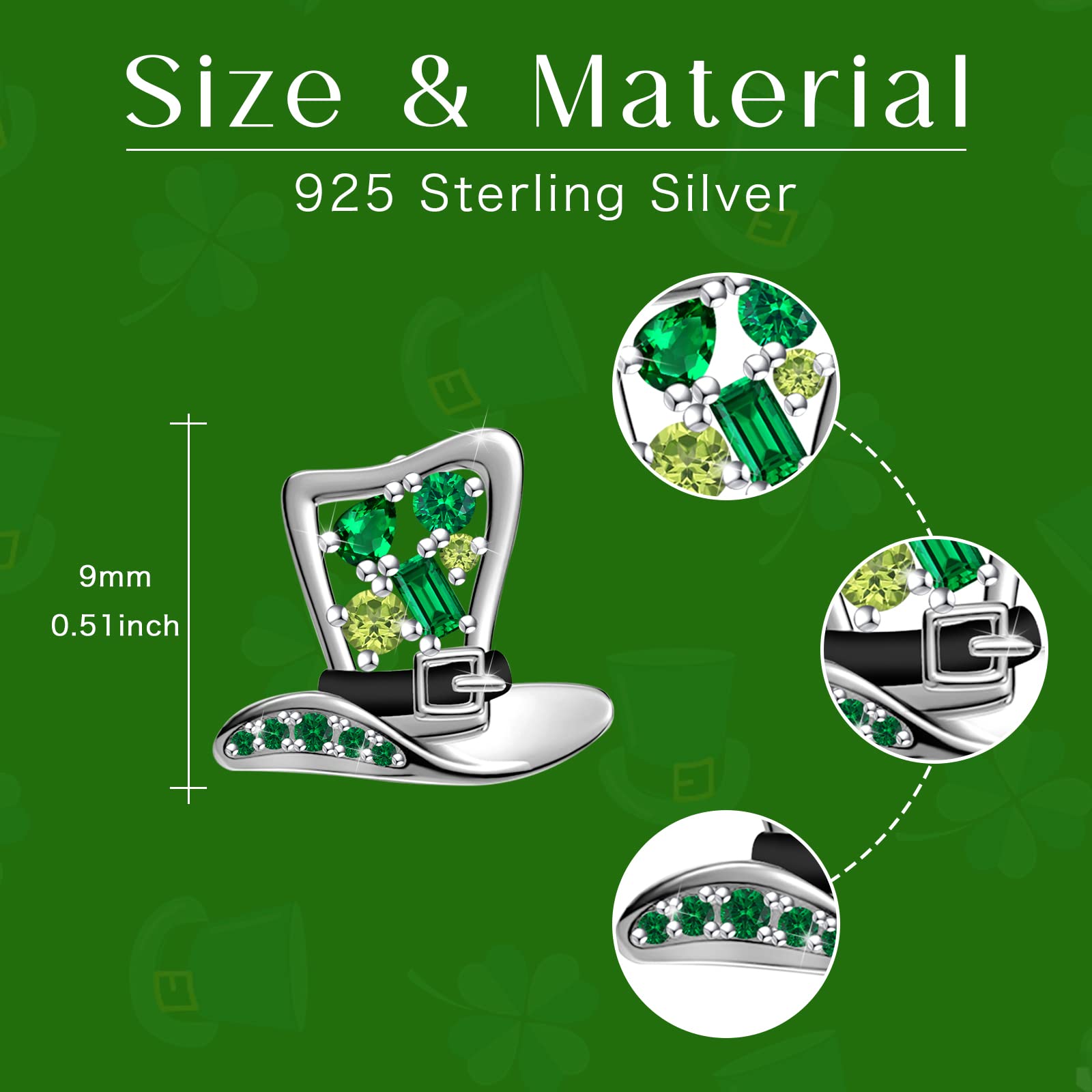 Hat Earrings for Women 925 Sterling Silver St Patrick Day Green Hat Stud Earrings with Cubic Zirconia Good Luck Symbol Jewelry for Mother's Day