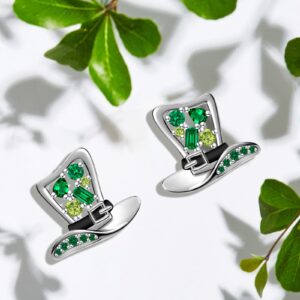 Hat Earrings for Women 925 Sterling Silver St Patrick Day Green Hat Stud Earrings with Cubic Zirconia Good Luck Symbol Jewelry for Mother's Day