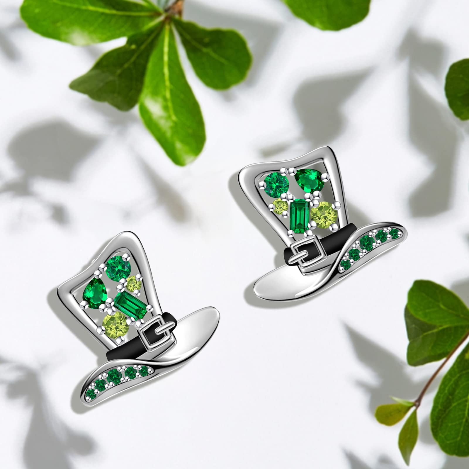 Hat Earrings for Women 925 Sterling Silver St Patrick Day Green Hat Stud Earrings with Cubic Zirconia Good Luck Symbol Jewelry for Mother's Day