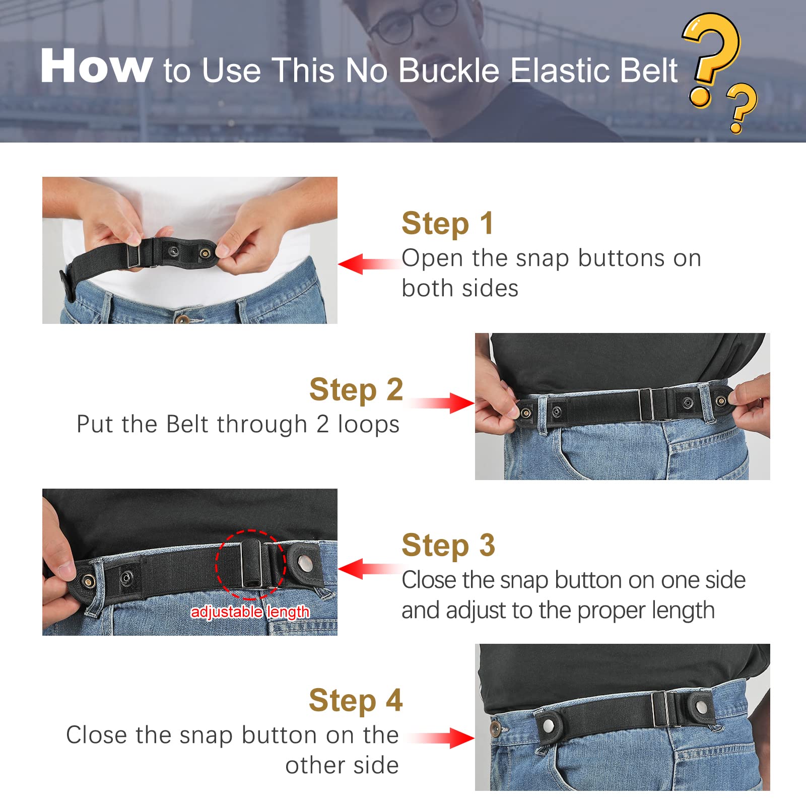 WOWOGO 2 Pack No Buckle Belts for Men Women Side Belt Elastic Stretch Adjustable Invisible Belt Fits 1.5 Inch Belt Loops