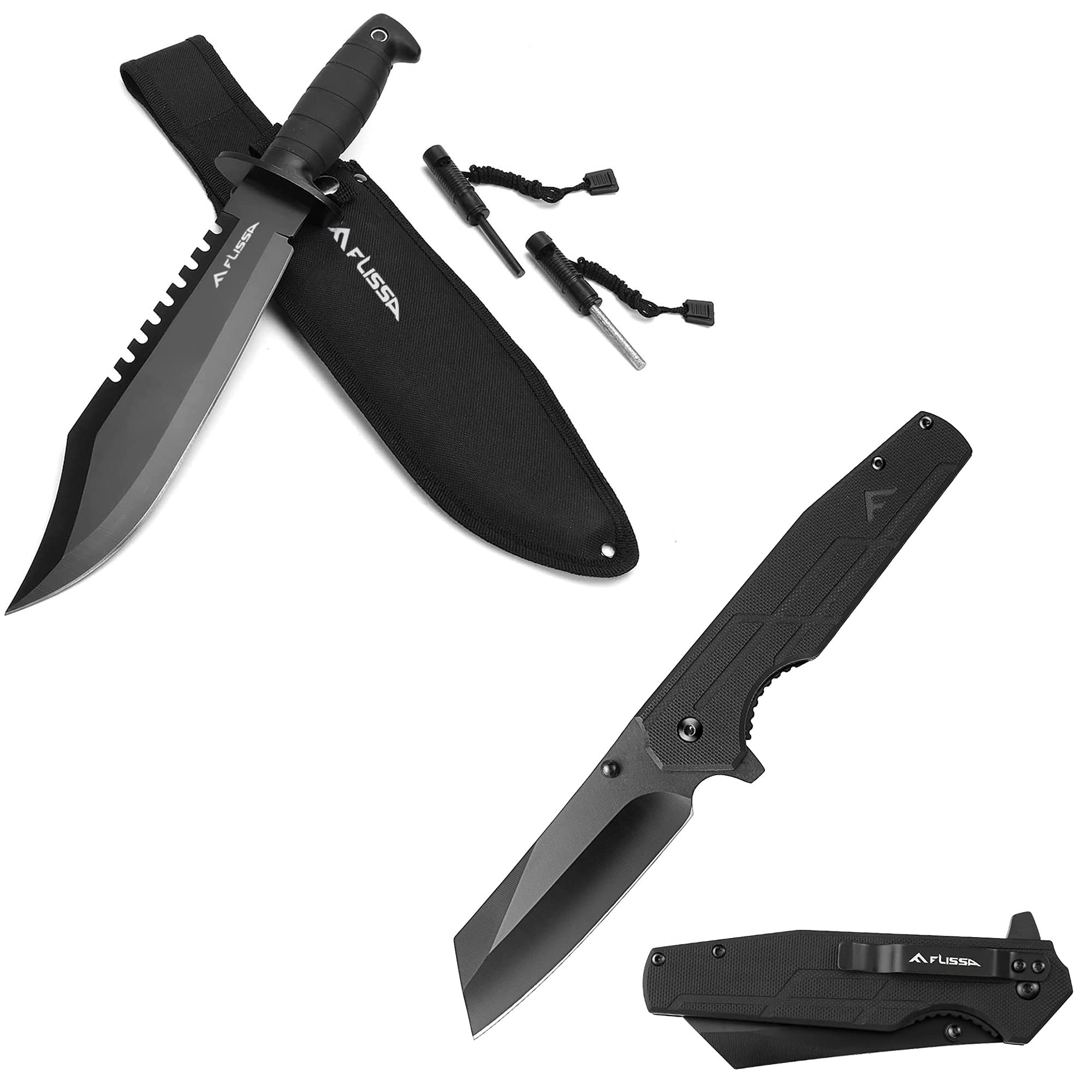 FLISSA Survival Hunting Knife with Sheath + Pocket Knife