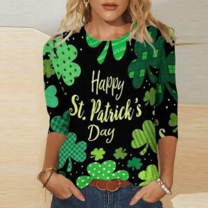 Women's St Patricks Day Shirt 3/4 Sleeve Crewneck Irish Tee Blouse Shamrock Graphic Funny Plus Size Loose Fit Comfy