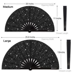 Raveahem Glitter Large Rave Folding Clack Hand Fan with holster for men/women Handheld Fan for EDM,Festival,Club,Party,Dance (Blk)