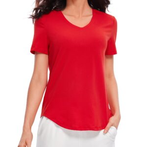 CRZ YOGA Womens Pima Cotton Short Sleeve Shirts V Neck T-Shirts Casual Workout Tops Gym Clothes Festival Red Medium