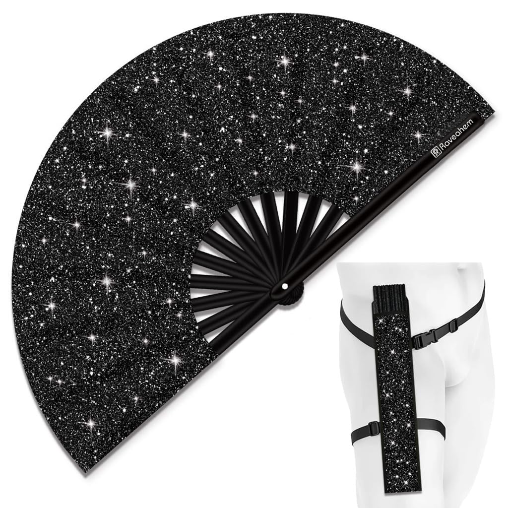 Raveahem Glitter Large Rave Folding Clack Hand Fan with holster for men/women Handheld Fan for EDM,Festival,Club,Party,Dance (Blk)