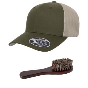 flexfit 110m men's mesh trucker adjustable flexfit tech cap bundle with thp hat & clothing brush (olive/khaki)