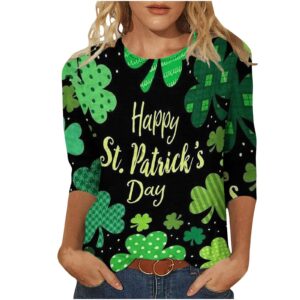 Women's St Patricks Day Shirt 3/4 Sleeve Crewneck Irish Tee Blouse Shamrock Graphic Funny Plus Size Loose Fit Comfy