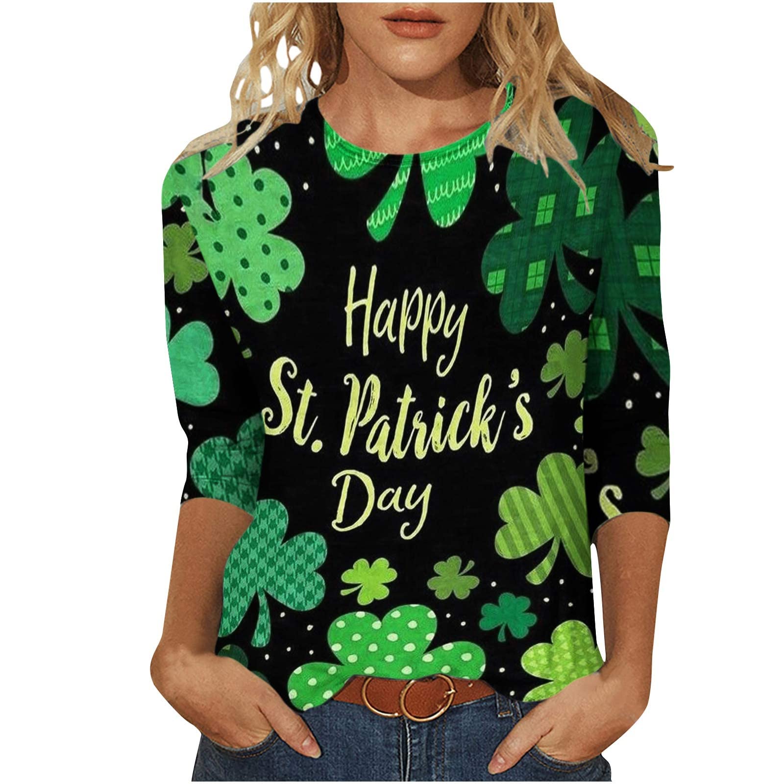 Women's St Patricks Day Shirt 3/4 Sleeve Crewneck Irish Tee Blouse Shamrock Graphic Funny Plus Size Loose Fit Comfy