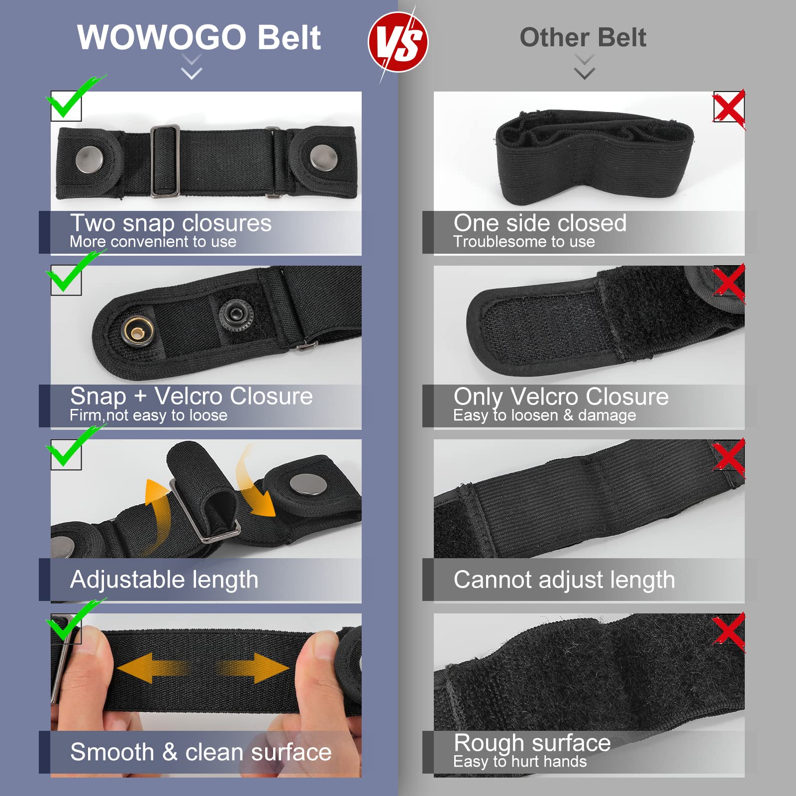 WOWOGO 2 Pack No Buckle Belts for Men Women Side Belt Elastic Stretch Adjustable Invisible Belt Fits 1.5 Inch Belt Loops