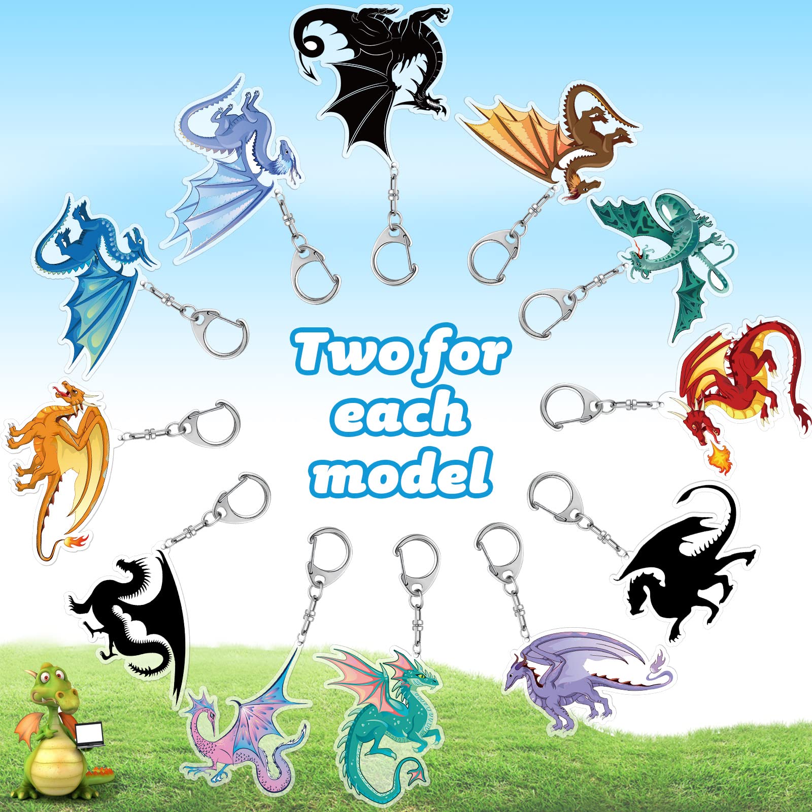 2.4 Inch Dragon Keychain for Kids Dragon Party Favor Acrylic Dragon Key Ring Dinosaur Key Chains Fire Sunshine Glory Dinosaur Key Ring Car Handbag Wallet Jewelry Gifts for Kid, Assorted Style (24 Pcs)