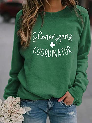 Shenanigans Coordinator Sweatshirt Green T Shirt Irish St Patrick's Day Shirt T Shirt Here for The Shenanigans Shirt Loose Casual Pullover Shamrock Print Crew Neck Tops Womens Tee