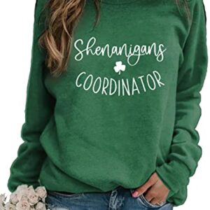 Shenanigans Coordinator Sweatshirt Green T Shirt Irish St Patrick's Day Shirt T Shirt Here for The Shenanigans Shirt Loose Casual Pullover Shamrock Print Crew Neck Tops Womens Tee