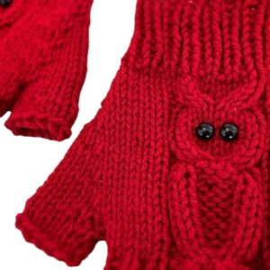 Hand Knit Adult Owl Fingerless Gloves Mittens Mitts – Knitted Granny Gloves with Owls for Warm Hands – Handmade Gift for Women Wife Girlfriend – Handcrafted Hand Warmers (Small, Red)