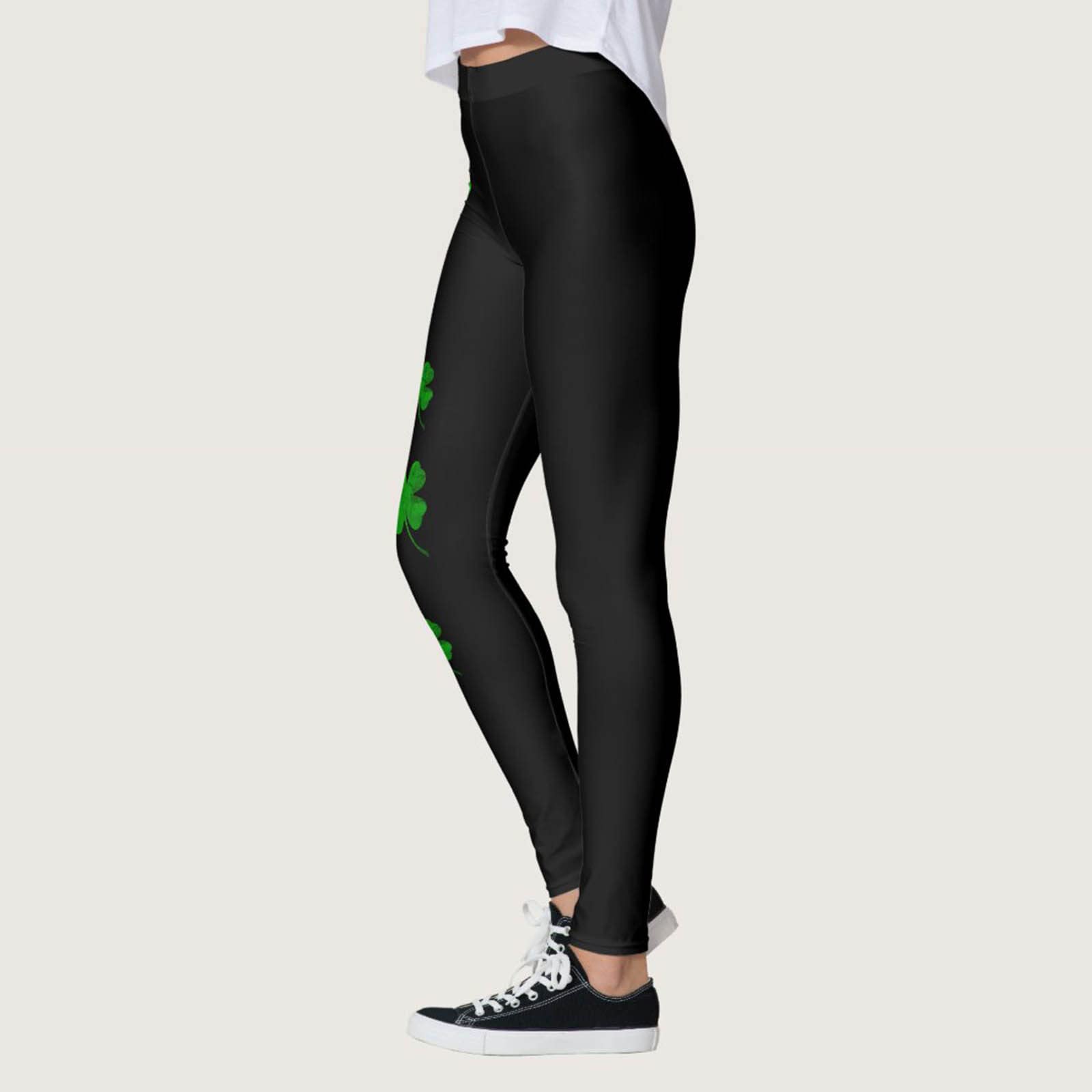 Angxiwan St. Patrick Legging for Women, Fashion Clover Print Running Gym Yoga Pants Black Green