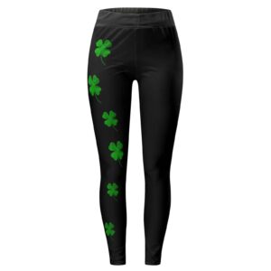 Angxiwan St. Patrick Legging for Women, Fashion Clover Print Running Gym Yoga Pants Black Green